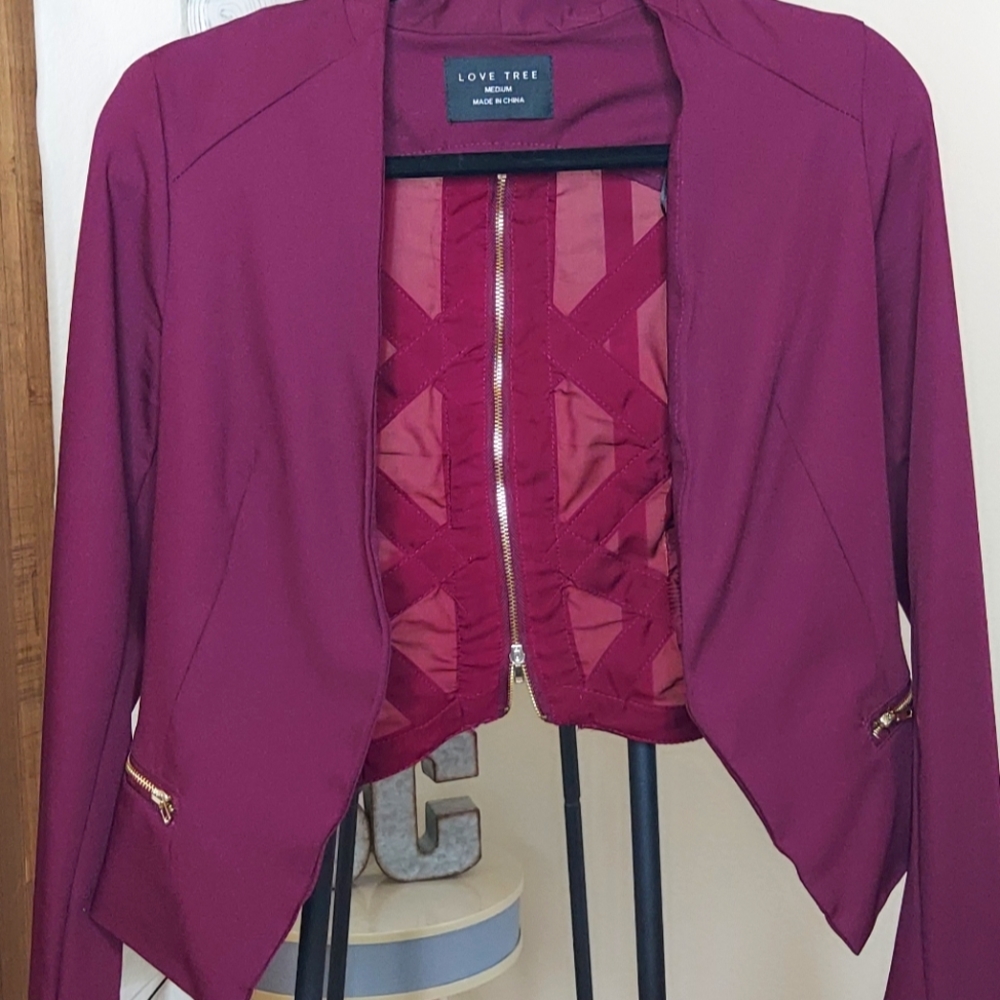 Love Tree Cropped Zippered Blazer Maroon Jacket